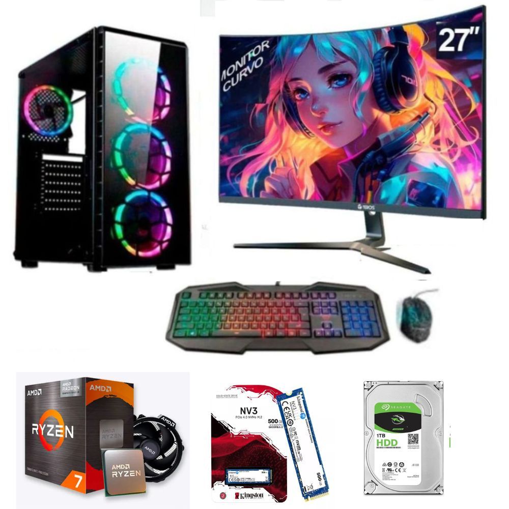 PC gamer AMD Ryzen 7-5700G + 16GB RAM + Disco 1TB + SSD 500GB + Monitor 27" + FreeDos + Case 500W