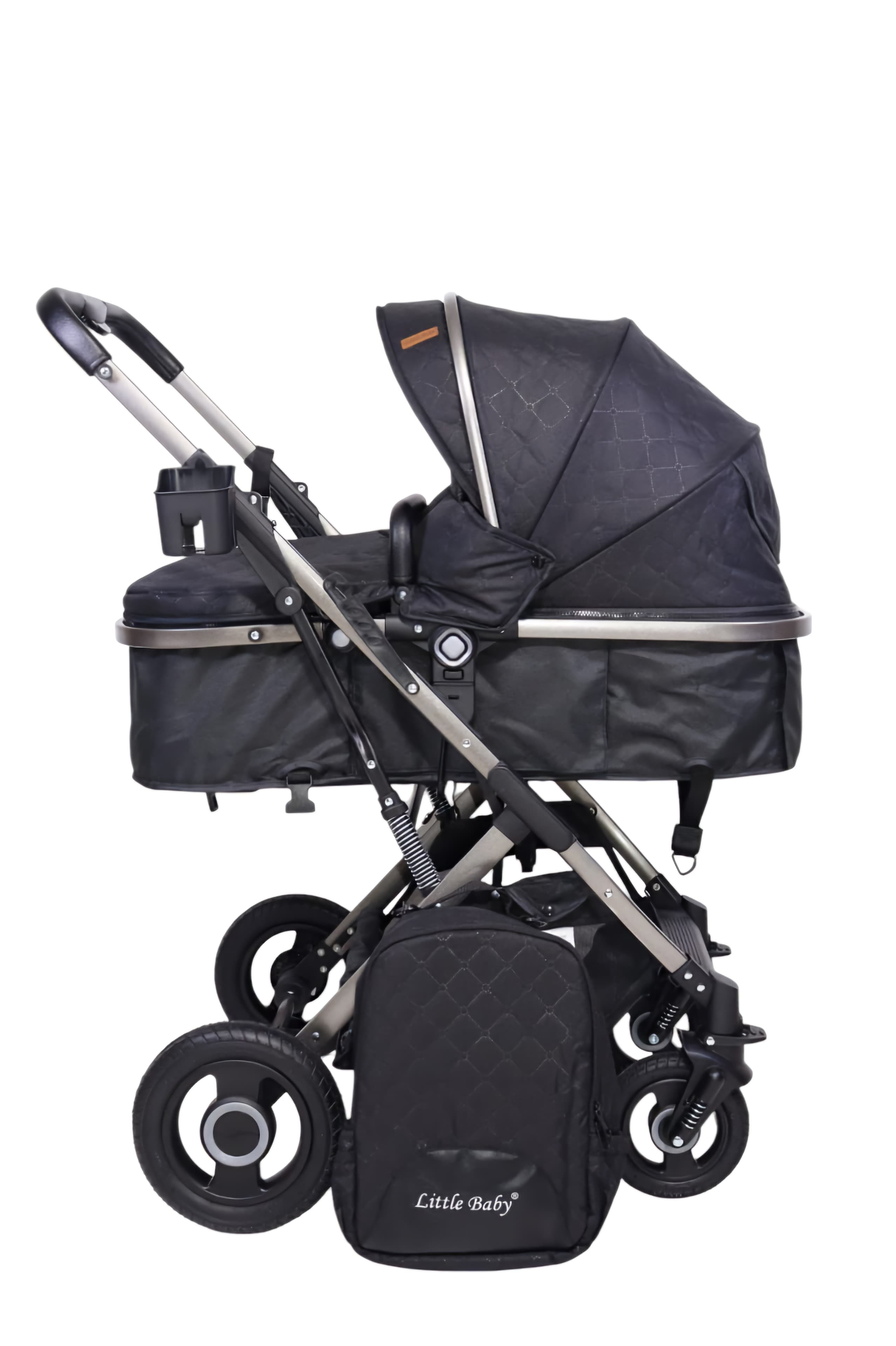 Coche compacto First para bebé, con pañalera, negro