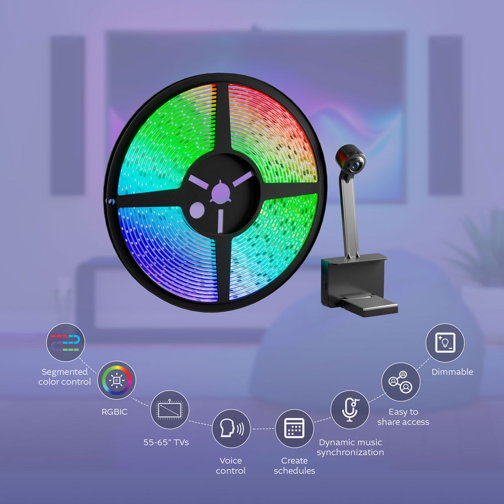 Imagen 2 del producto Cinta LED Nexxt para TV 55-65"", 3.8m, cámara sincronizada con pantalla, control por voz Alexa, RGB, bluetooth, Wi-Fi, blanco