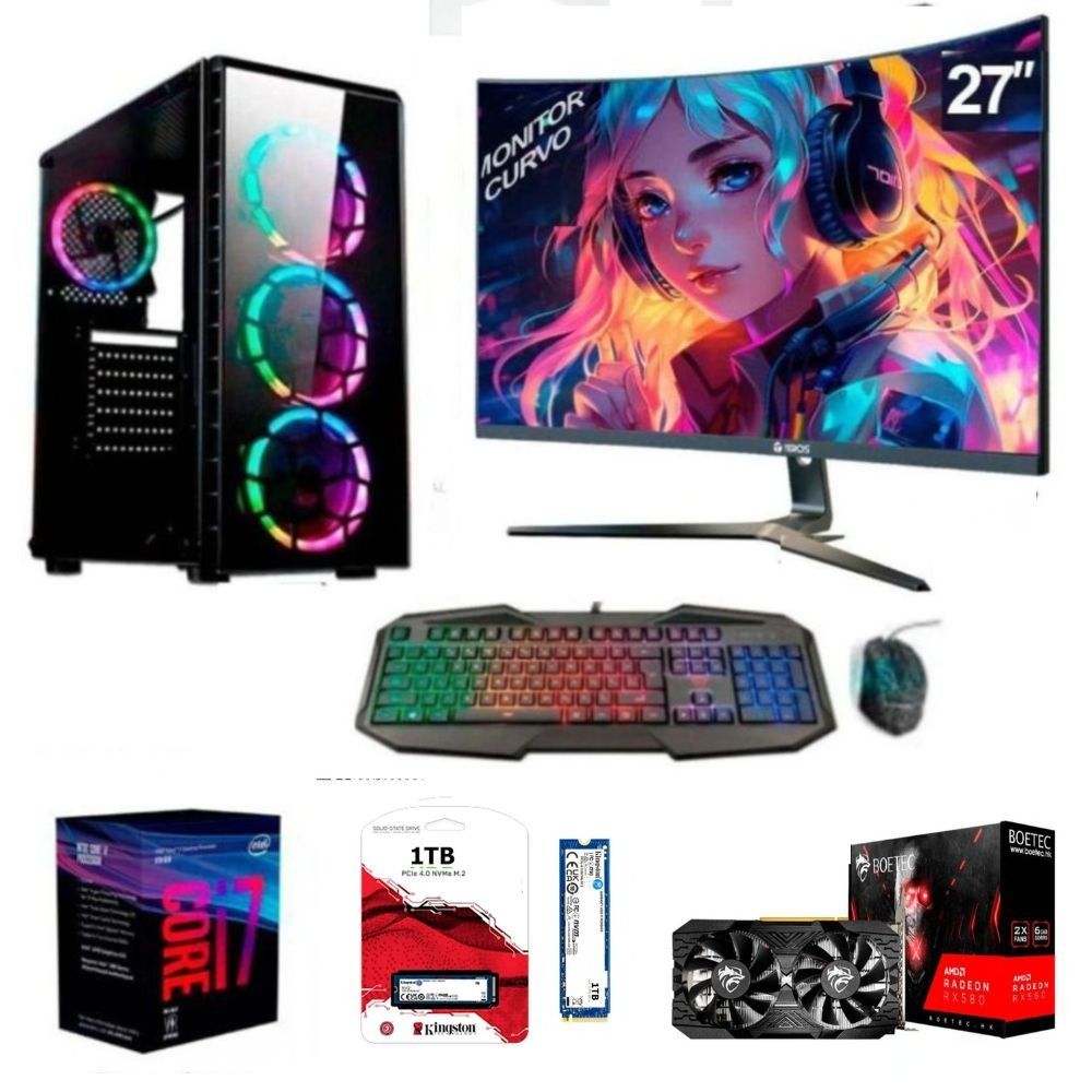PC Gamer Core i7-8TH + 32GB RAM + Disco solido  SSD 1TB + Radeon RX 580 8GB + Monitor 27" FHD + FreeDos + Case Gamer