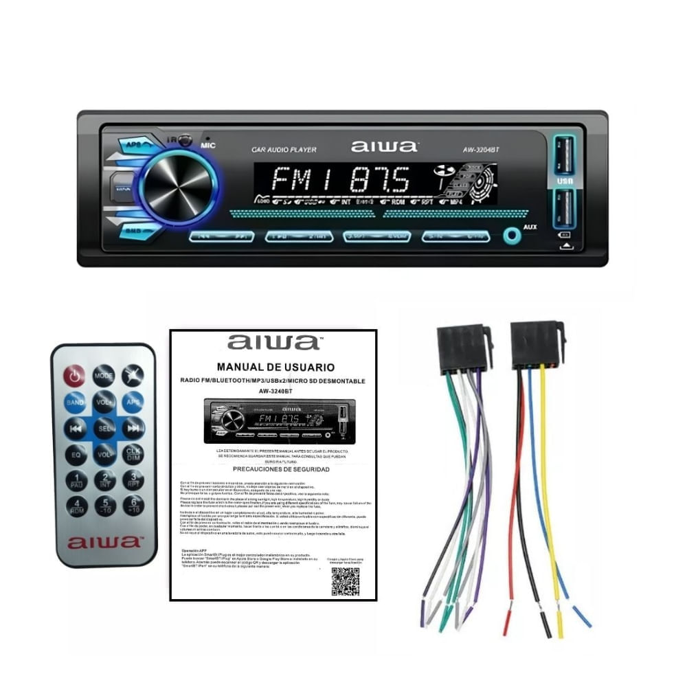 Imagen 2 del producto Autoradio Aiwa bluetooth AUX 7, control remoto, panel desmontable, negro - AW-3240BT