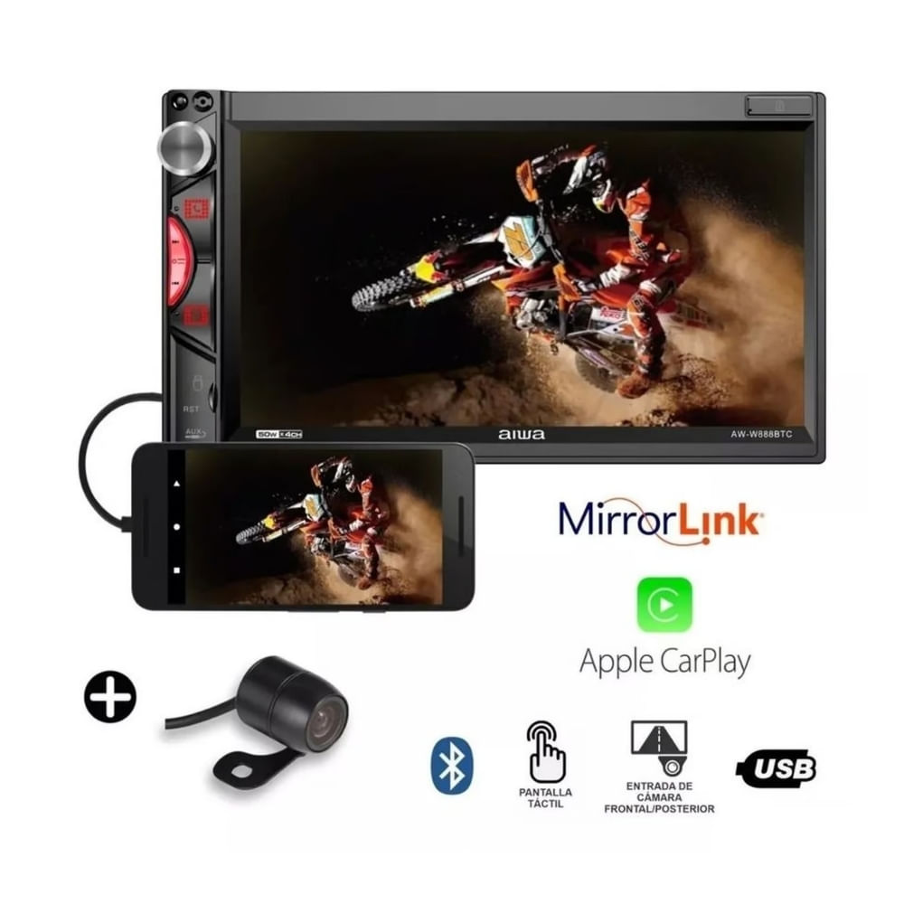 Imagen 2 del producto Autoradio Aiwa AW-W888BTC 50W x 4, pantalla HD 6.9"", 2 DIN, CARPLAY/MIRROLINK/BT/USB/SD/AUX