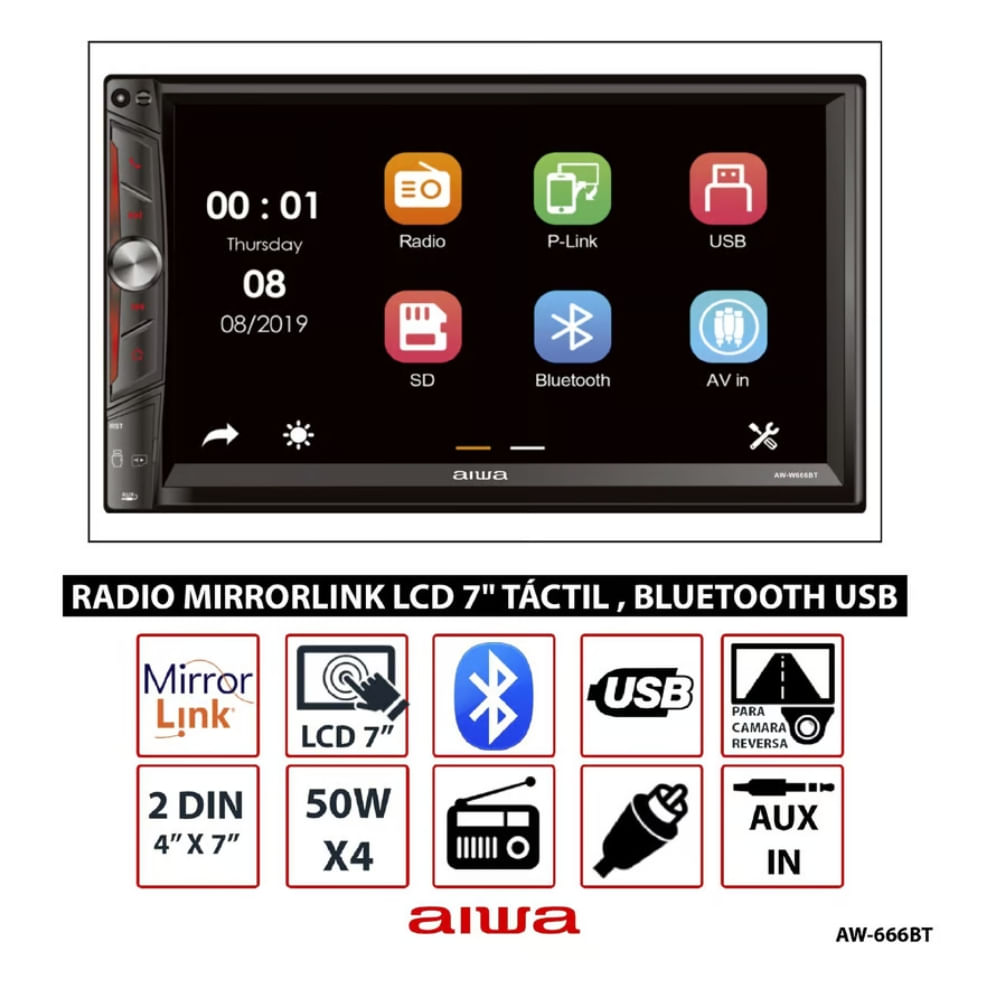Imagen 2 del producto Autoradio Aiwa AW-W666BT 50W x 4, pantalla HD 7"", 2 DIN, MIRRORLINK/BT/USB/SD/AUX