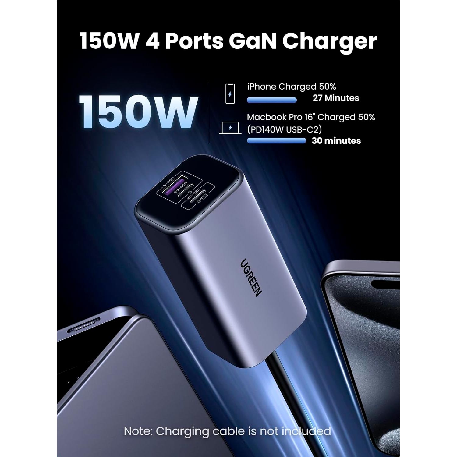 Imagen 2 del producto Cargador de coche Ugreen EC706, 150W, 4 puertos USB-C/USB-A, tecnología GaN, gris