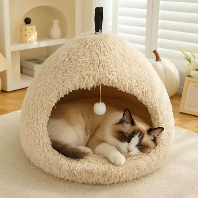Imagen 2 del producto Cama cueva para mascotas grande, suave y acogedora, ideal para gatos y perros pequeños, beige