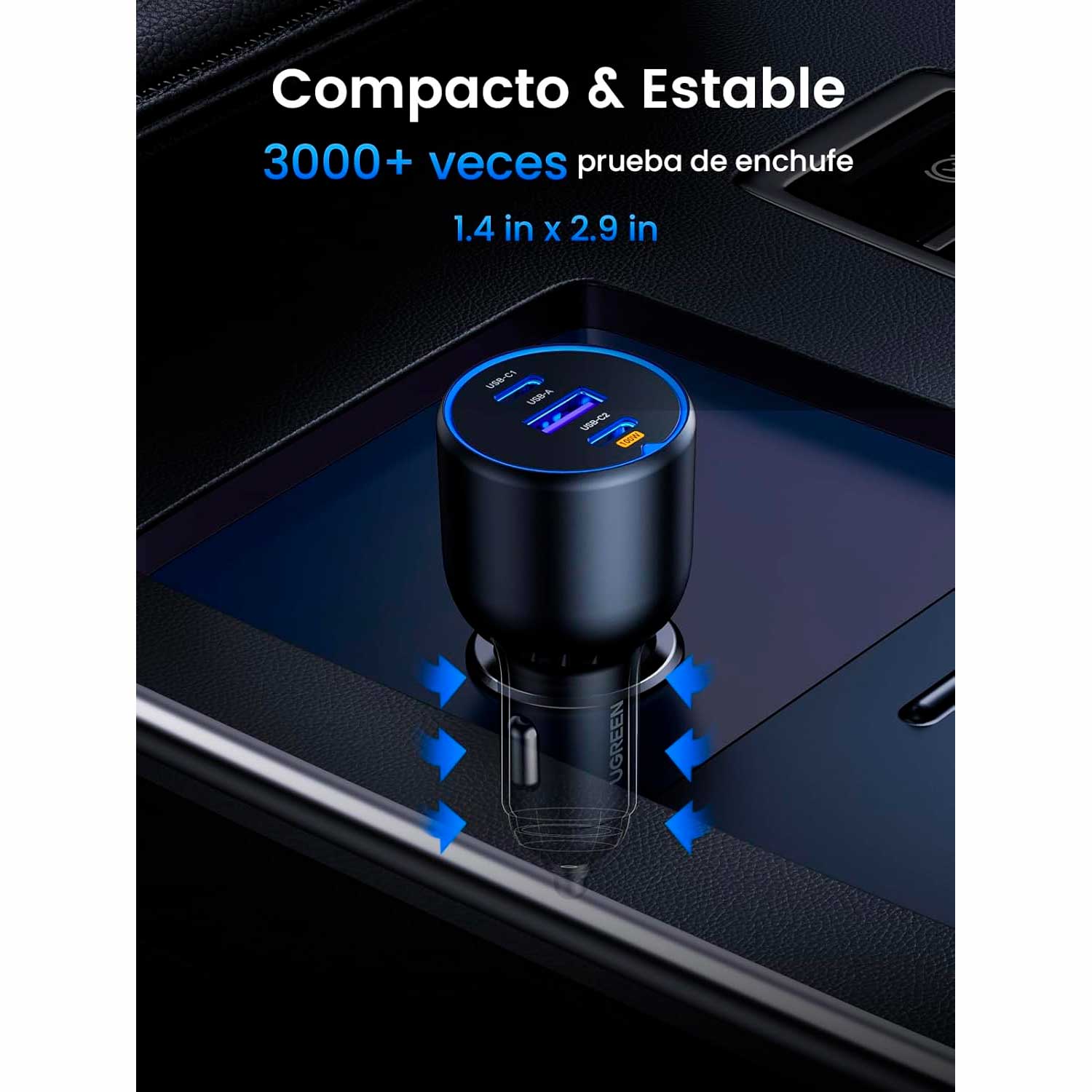 Imagen 2 del producto Cargador auto Ugreen, 130W, 2 puertos USB-C, 1 USB-A, carga rápida, Power Delivery, QC 3.0, EC705, gris