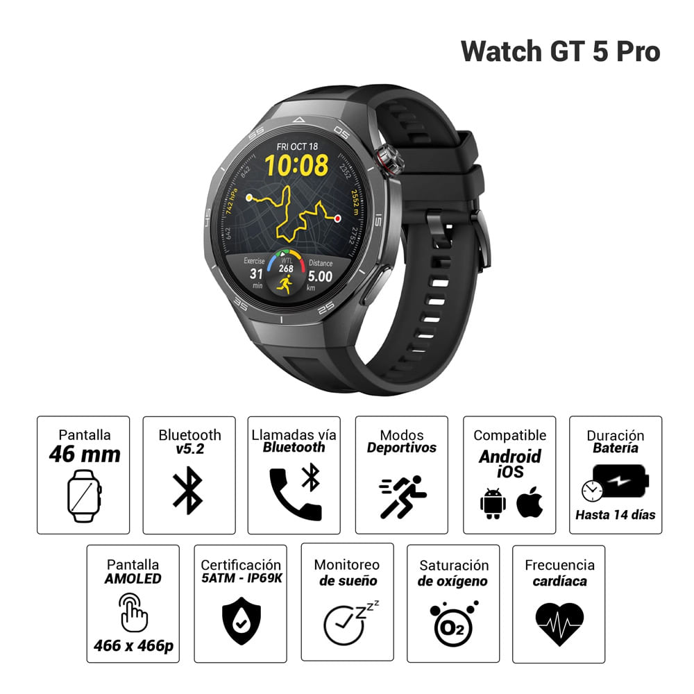 Imagen 2 del producto Smartwatch Huawei GT 5 Pro pantalla 46mm/AMOLED, GPS, resistente al agua 5ATM, batería hasta 14 días, negro