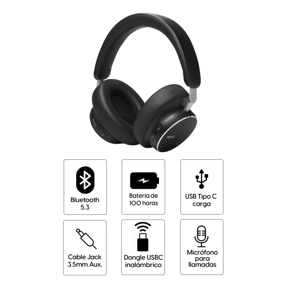 Imagen 2 del producto Audífonos bluetooth On Ear AKG N9 Hybrid ANC, sonido Hi-Res, hasta 100 horas, Smart Talk, control por app, carga rápida, negro