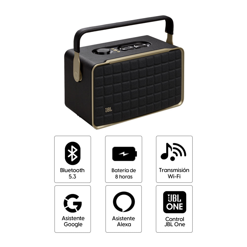 Imagen 2 del producto Parlante Bluetooth portátil JBL Authentics 300, diseño retro, 100W, hasta 8 horas, Wi-Fi,  asistente de voz, control por app JBL One, negro