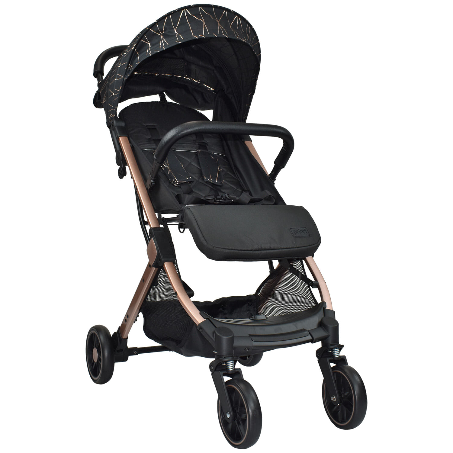Coche tipo maleta Priori Argus, plegado compacto a una mano, multiposiciones, canasta 4.5 kg, negro dorado