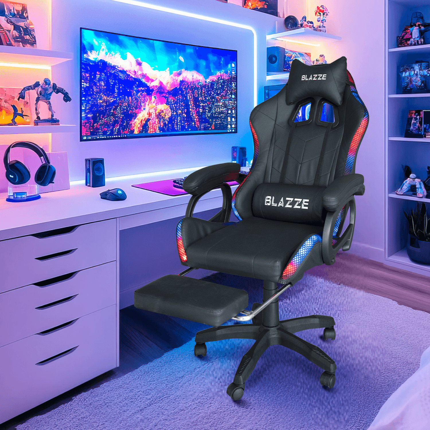 Imagen 2 del producto Silla gamer Blazze Loot RGB, reclinable 135°, masajeador lumbar, reposapiés con luces, negro