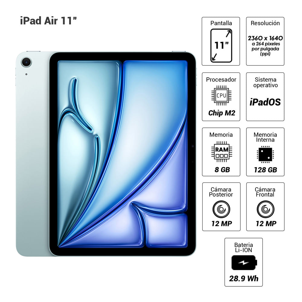 Imagen 2 del producto iPad Air 11"" 128GB, 8GB RAM, cámara principal 12MP y frontal 12MP, 28.6Wh, Chip M2, azul