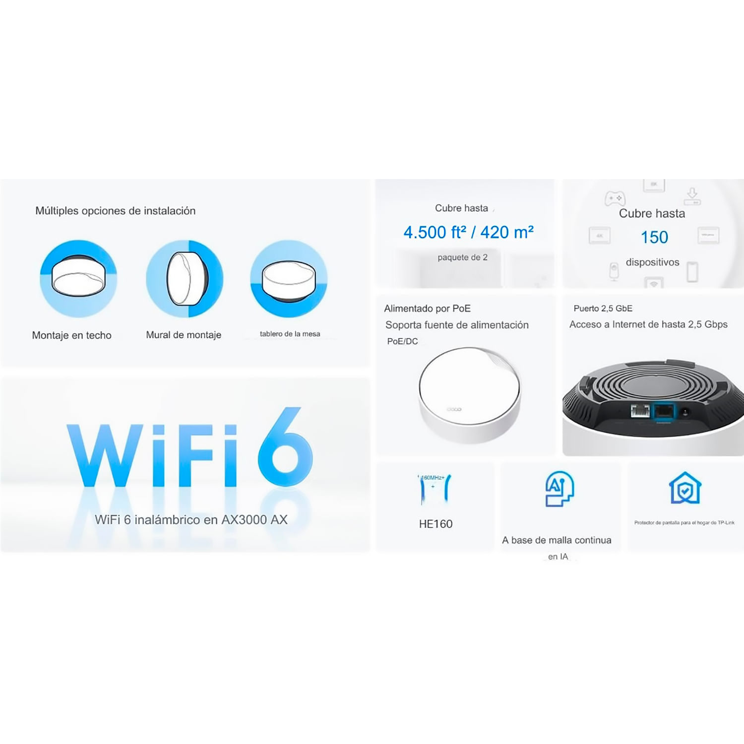 Imagen 2 del producto TP-Link Deco X50-PoE Pack x2, Sistema Mesh WiFi 6 AX3000, Red Dual-Banda, HomeShield, Puertos 2.5 Gbps