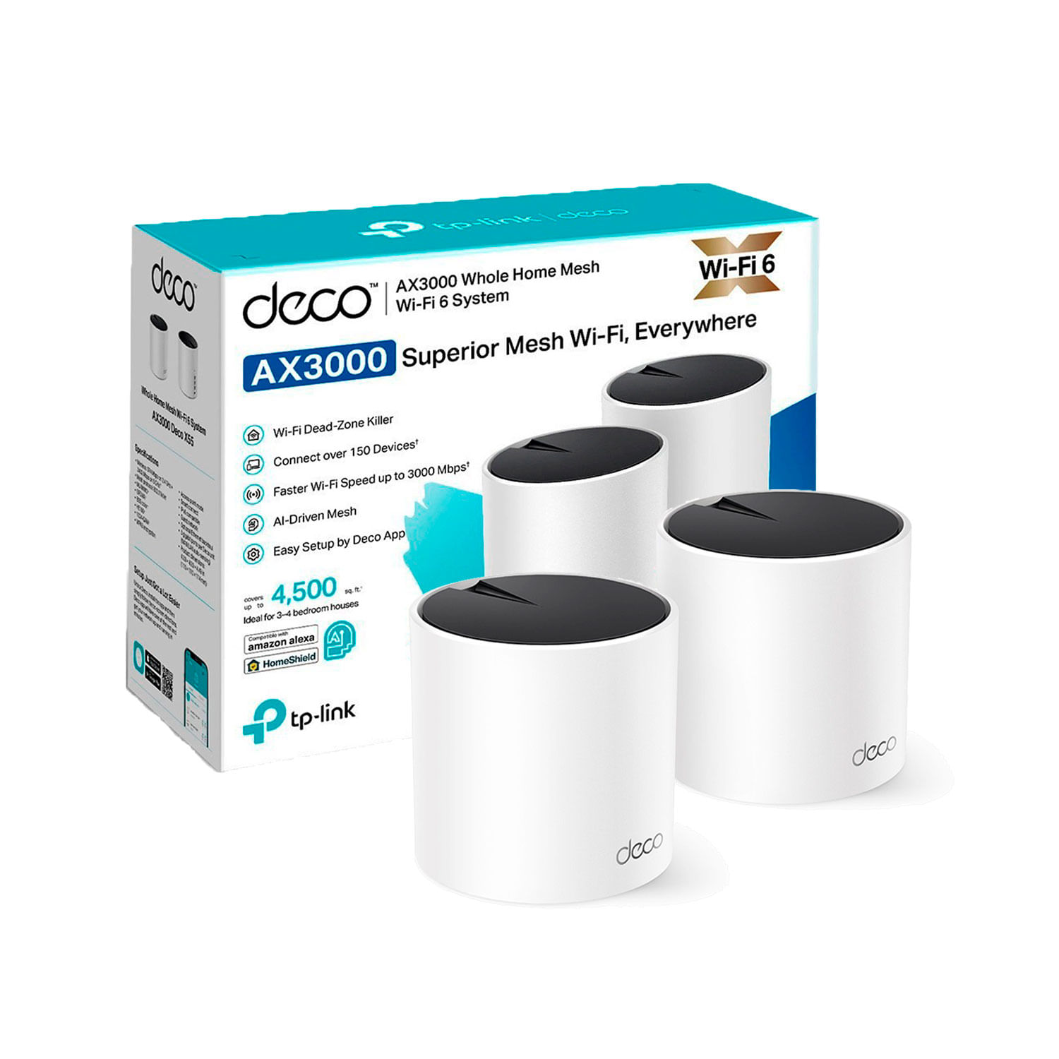 Imagen 1 del producto TP-Link Deco X55 2 Pack, Wi-Fi Mesh 6 AX3000, Dual Banda, 3 Puertos Gigabit, Alexa, HomeShield