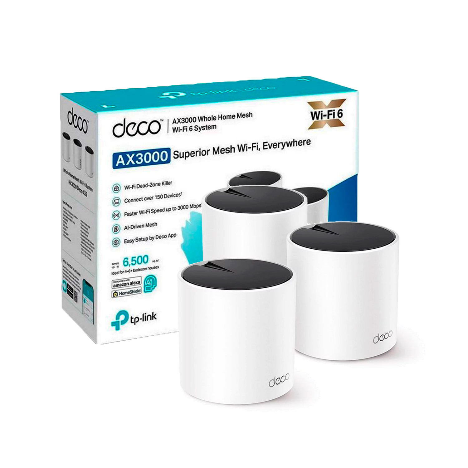 Imagen 1 del producto TP-Link Deco X55 3 Pack, Wi-Fi Mesh 6 AX3000, Dual Banda, 3 puertos Gigabit, Alexa, HomeShield