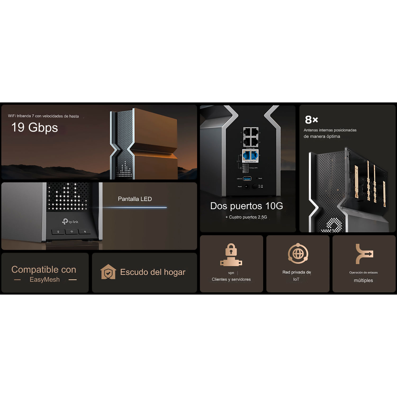 Imagen 2 del producto TP-Link Archer BE800 Router Wi-Fi 7 Tri-Band BE19000, Puertos 10G, 2.5G, HomeShield, App Tether