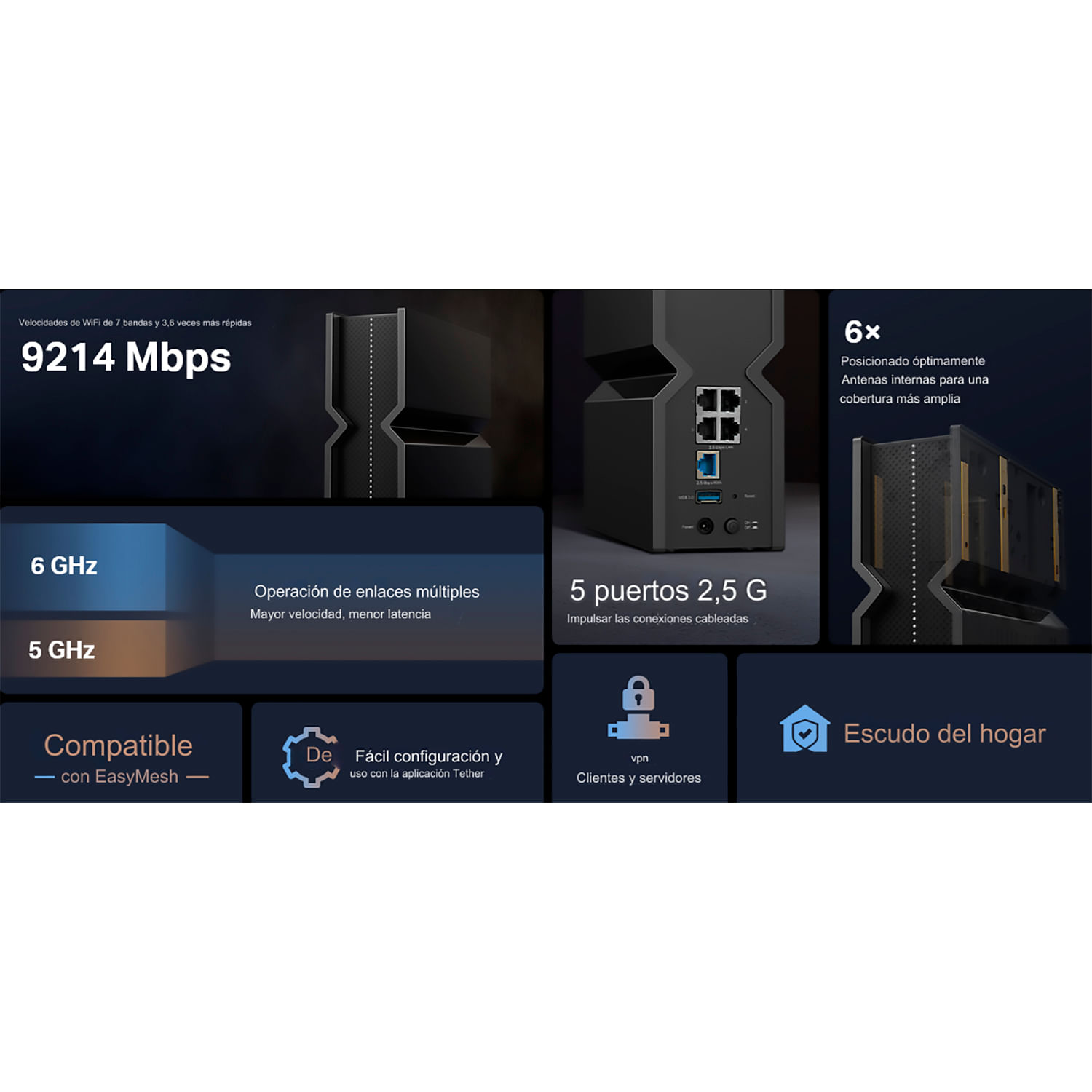 Imagen 2 del producto TP-Link Archer BE550 Router Wi-Fi 7 Tri-Band BE9300, puertos 2.5G, HomeShield, EasyMesh, App Tether