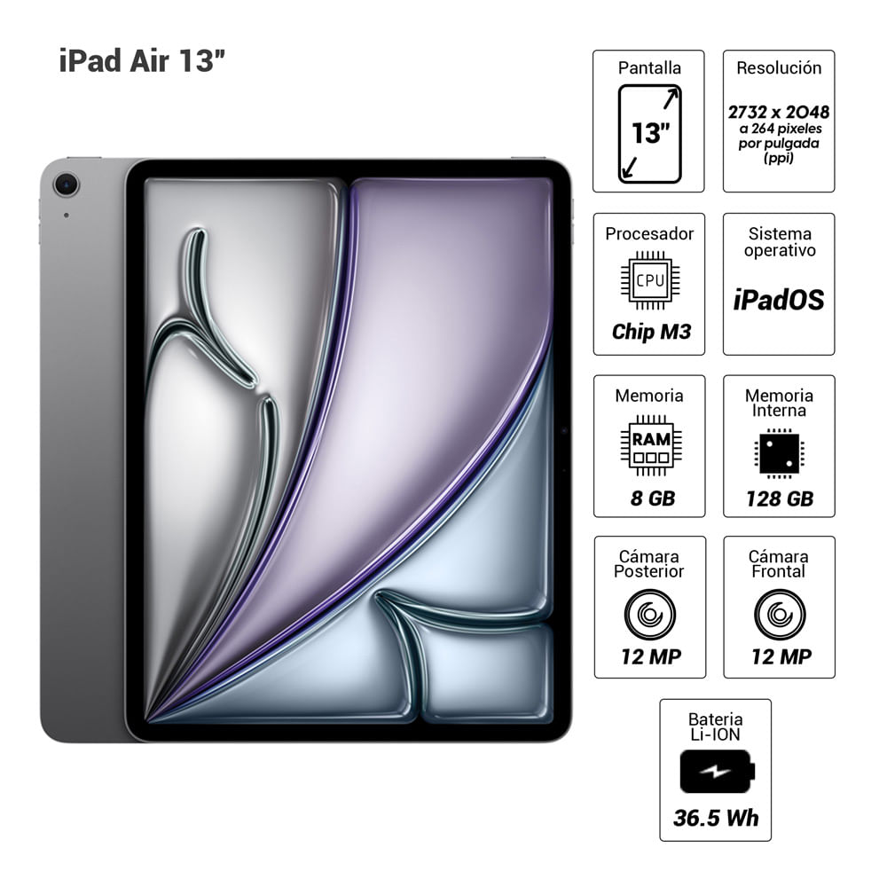 Imagen 2 del producto iPad Air 13"" (7ma Gen), Apple M3, 8 núcleos, 128GB, pantalla Liquid Retina, iPadOS, cámaras 12MP, sensor Touch ID, 10h batería, Wi-Fi, space gray