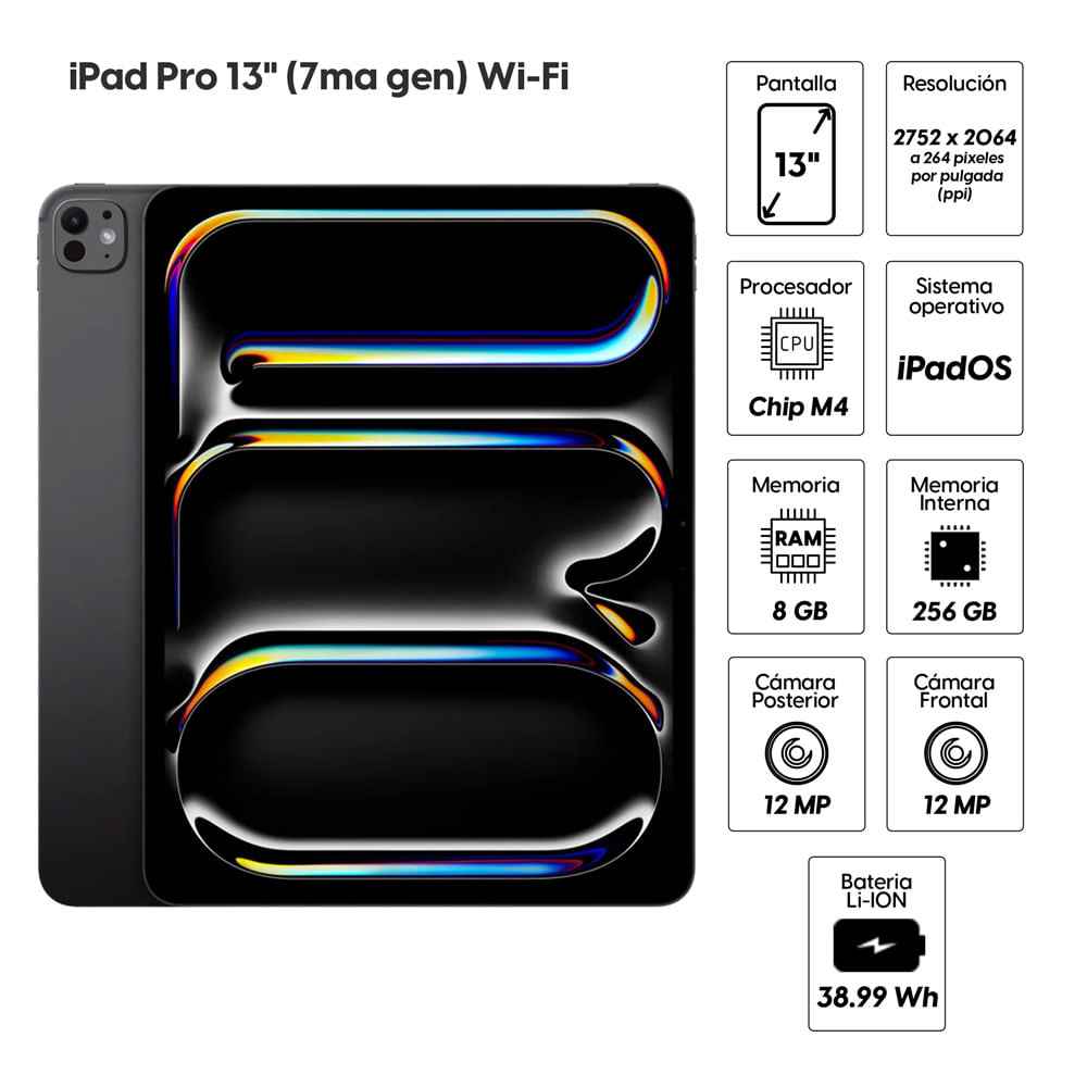 Imagen 2 del producto iPad Pro 13"" (7ma Gen) 256GB, 8GB RAM, cámara principal 12MP y frontal 12MP, 38.99 Wh, Chip M4, negro