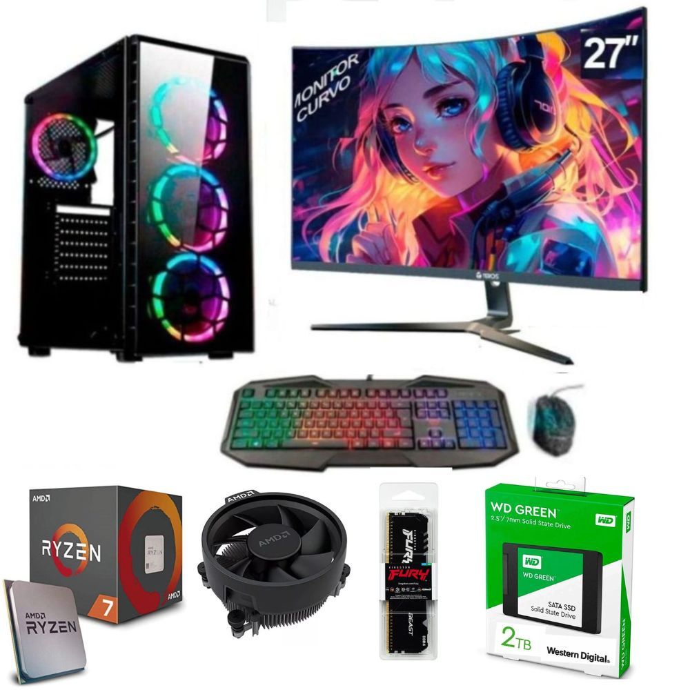 PC Gamer AMD Ryzen 7 5700G + RAM 32GB  + Disco SSD  WD  2TB + Case Gamer RGB Luces + FreeDos + Monitor 27” curvo