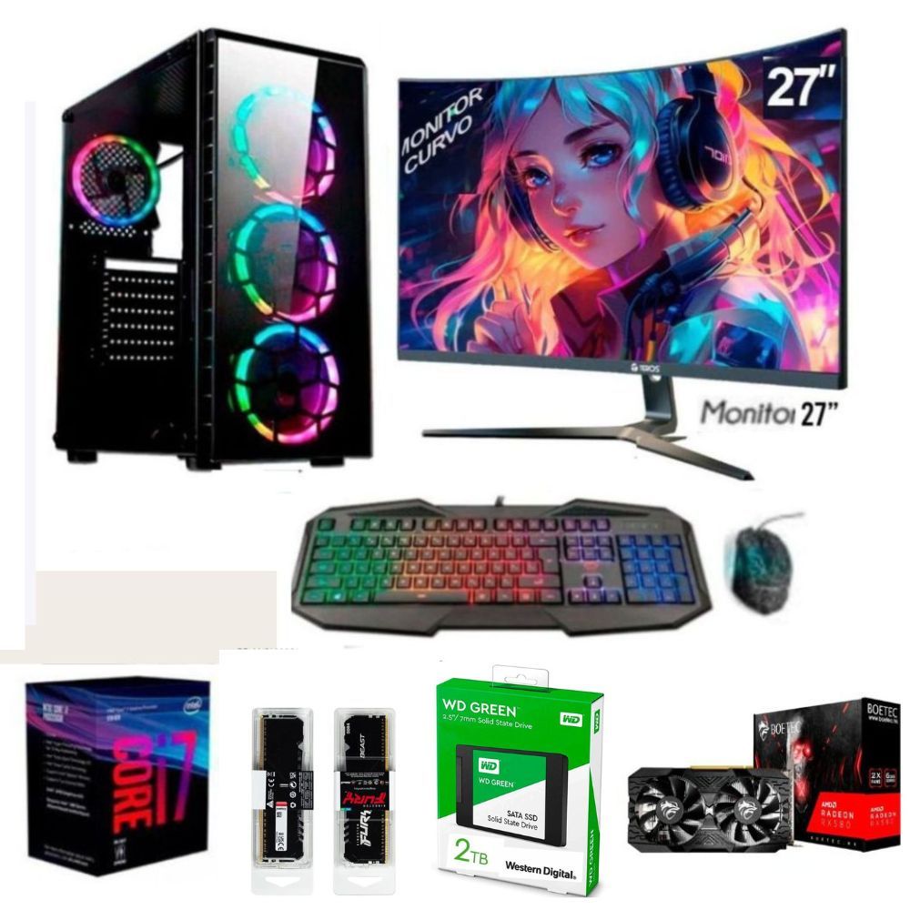 PC gamer Core i7-8TH + 32GB RAM + Disco SSD  WD  2TB + VIDEO RX 580  8GB + FreeDos + Monitor curvo 27" FHD