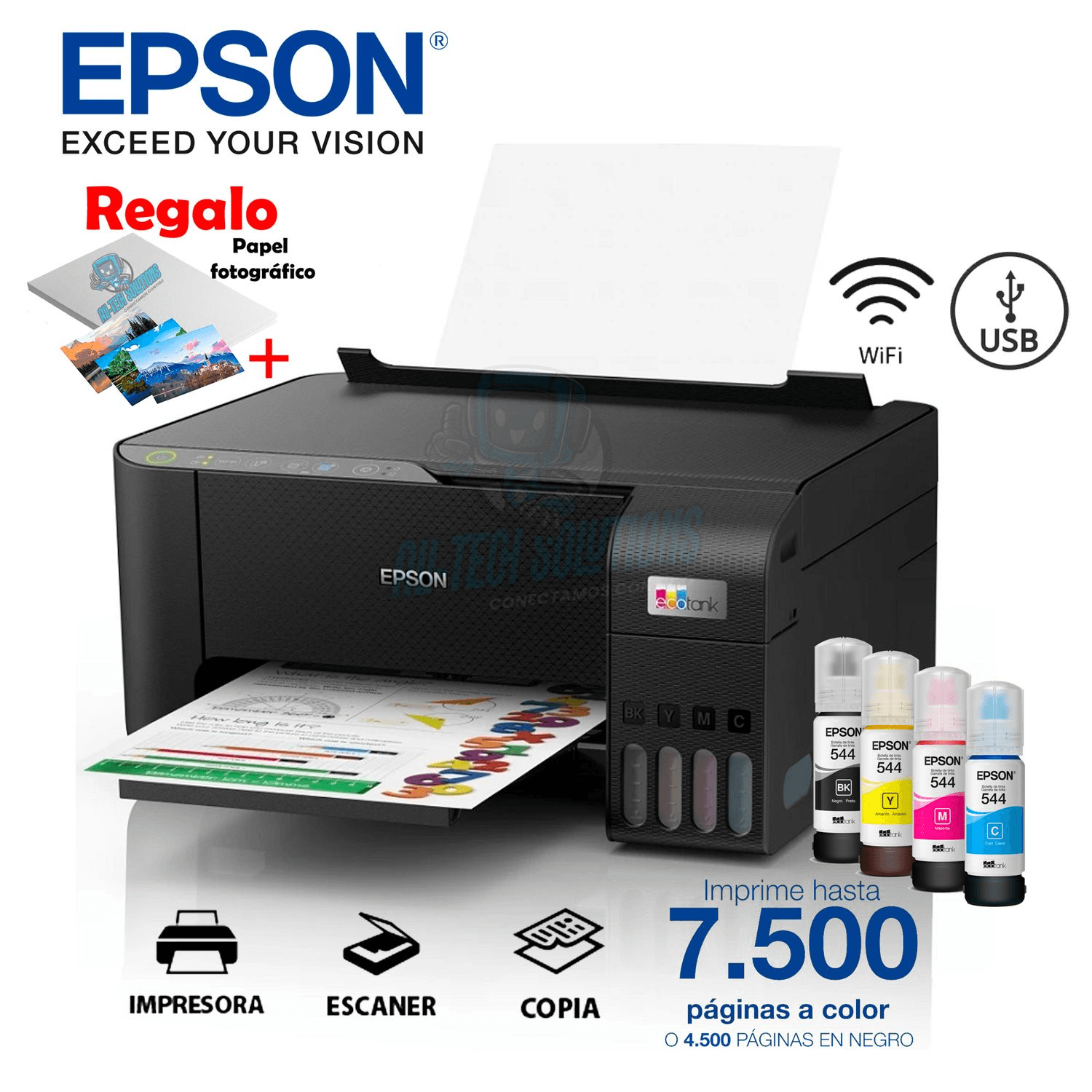 Imagen 2 del producto Impresora multifuncional Epson EcoTank L3250, inyección de tinta, inalámbrica, Wi-Fi, con tanques recargables