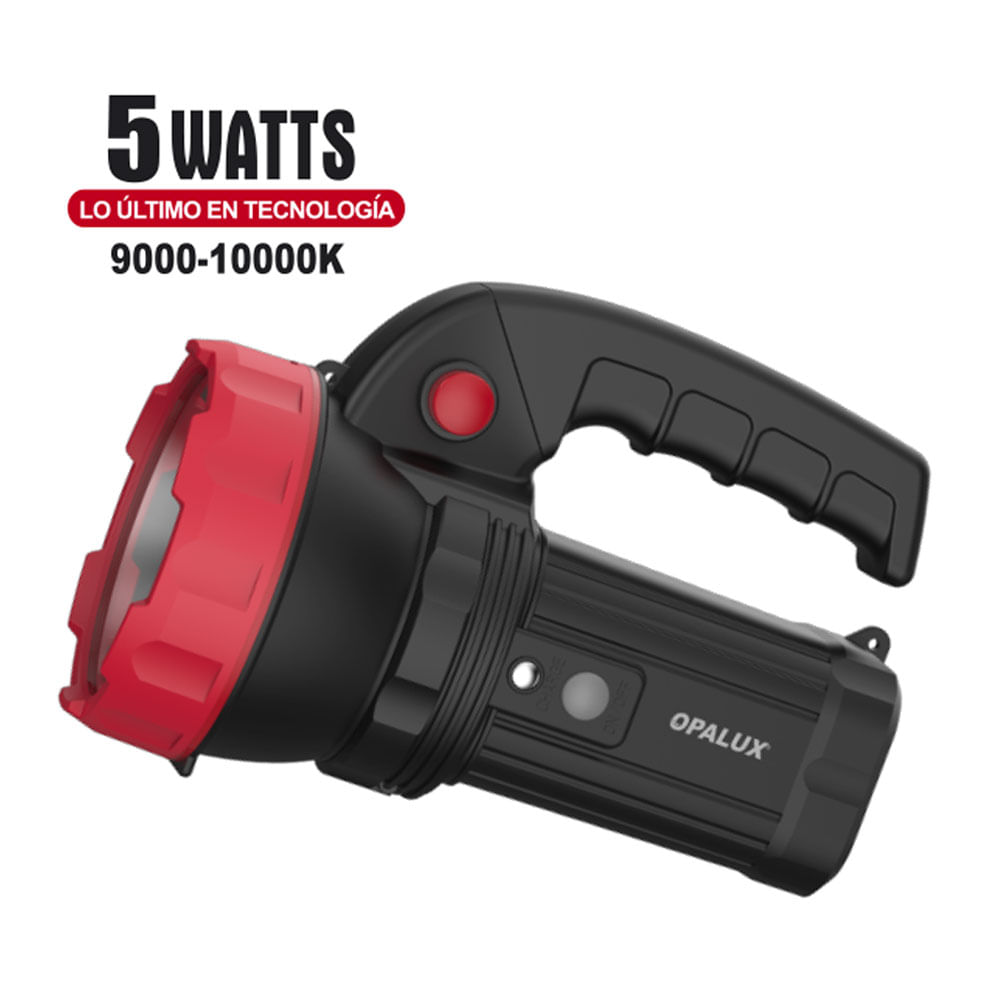 Imagen 2 del producto Linterna LED recargable Opalux OP-9201R 5W, luz alta y baja, batería 4V, alcance 100m, con mango multifuncional y adaptador, rojo/negro