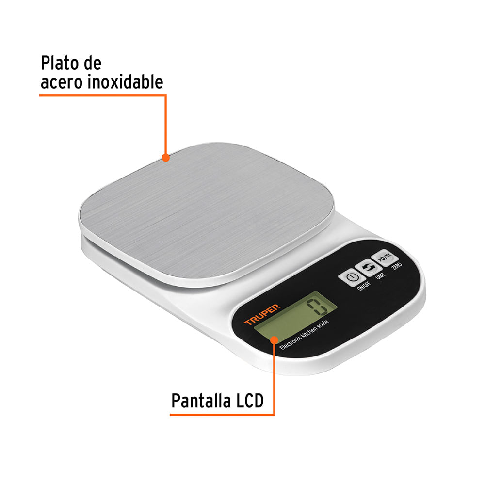 Imagen 2 del producto Balanza digital de cocina 5Kg Truper, BASE-5EA, plato de acero, blanco