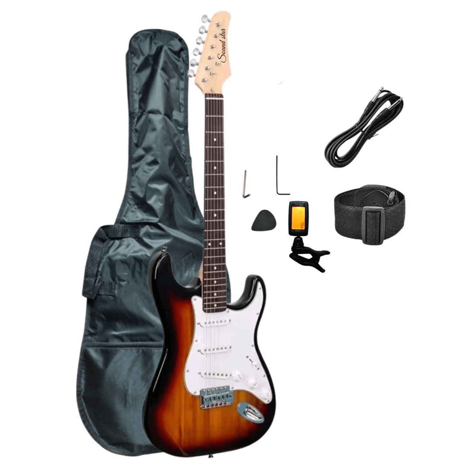 Guitarra eléctrica Stratocaster, con afinador, funda y accesorios, sunburst