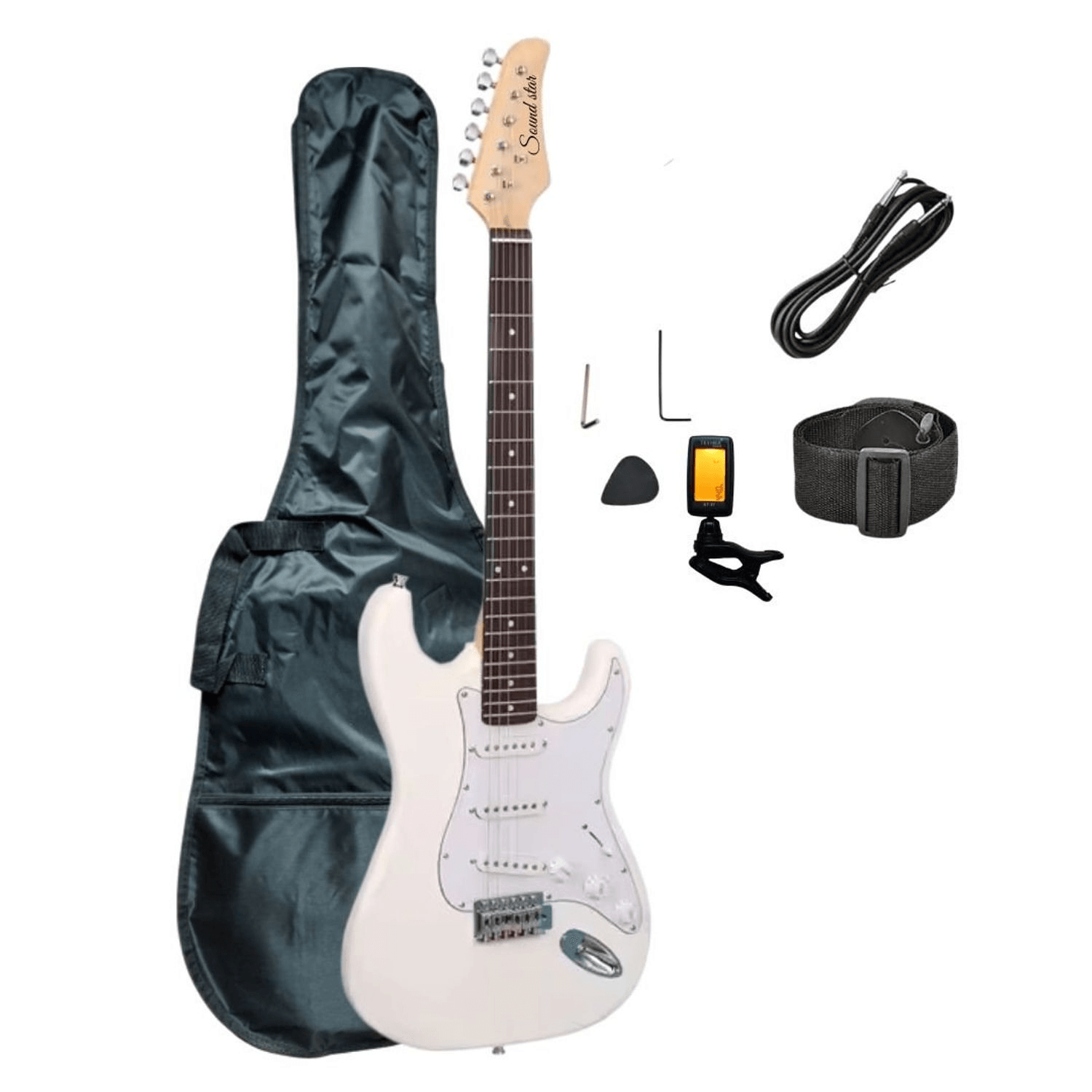 Guitarra eléctrica Stratocaster, con afinador, funda y accesorios, blanco
