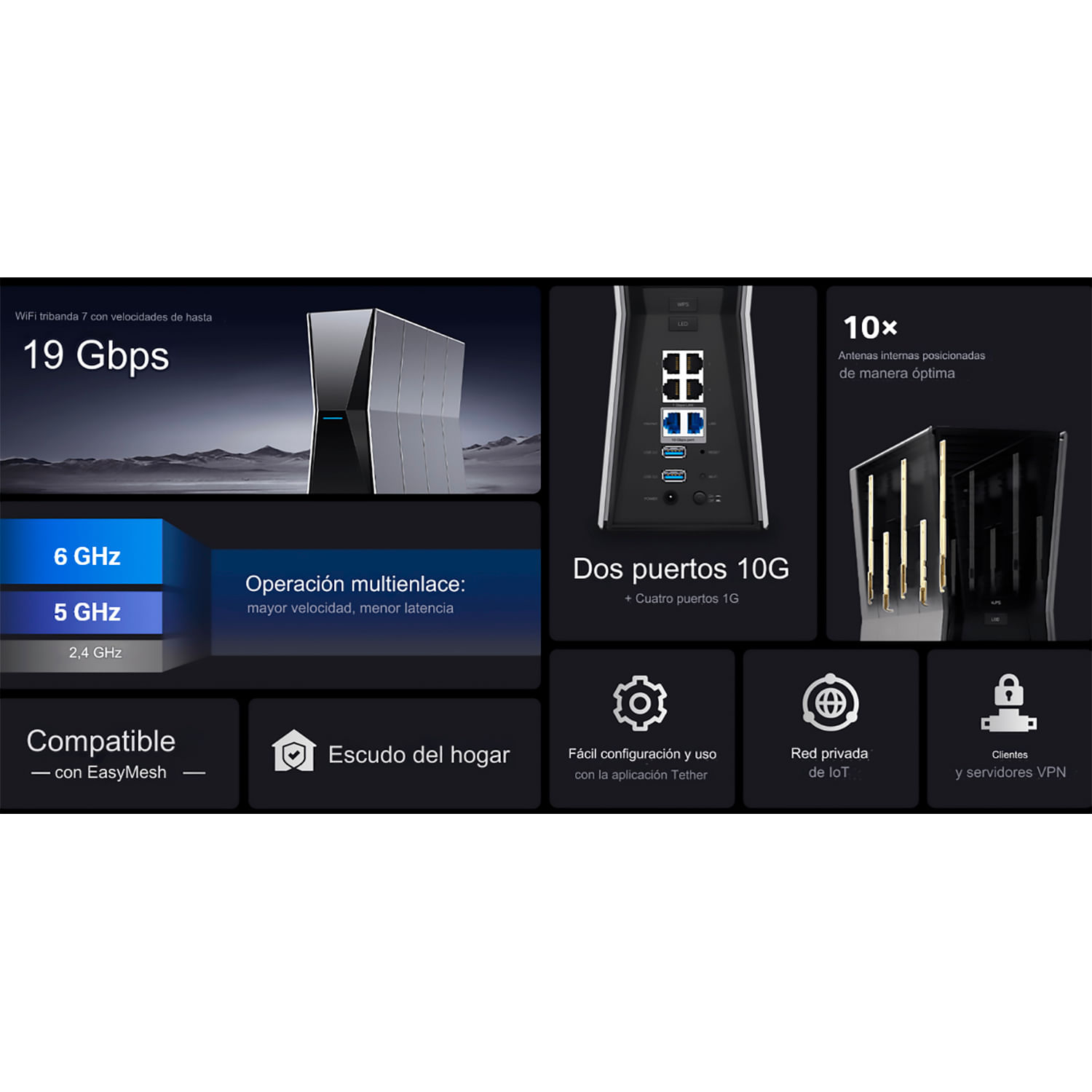 Imagen 2 del producto TP-Link Archer BE805, Router Wi-Fi 7 Tri-Band, BE19000, puertos 10 Gbps, seguridad HomeShield