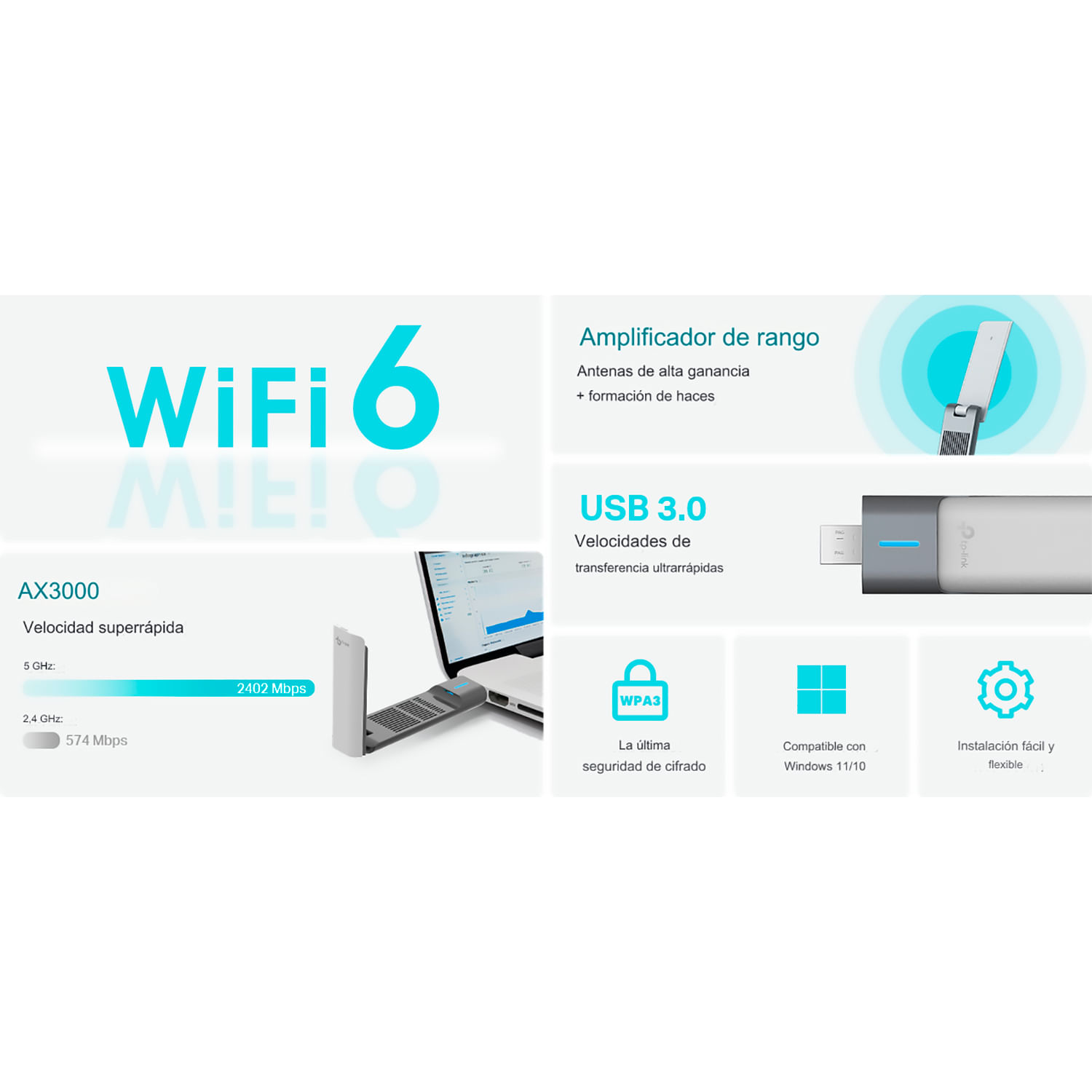 Imagen 2 del producto TP-Link Archer TX50UH, adaptador USB Wi-Fi 6, AX3000, antenas duales, USB 3.0 de alta velocidad