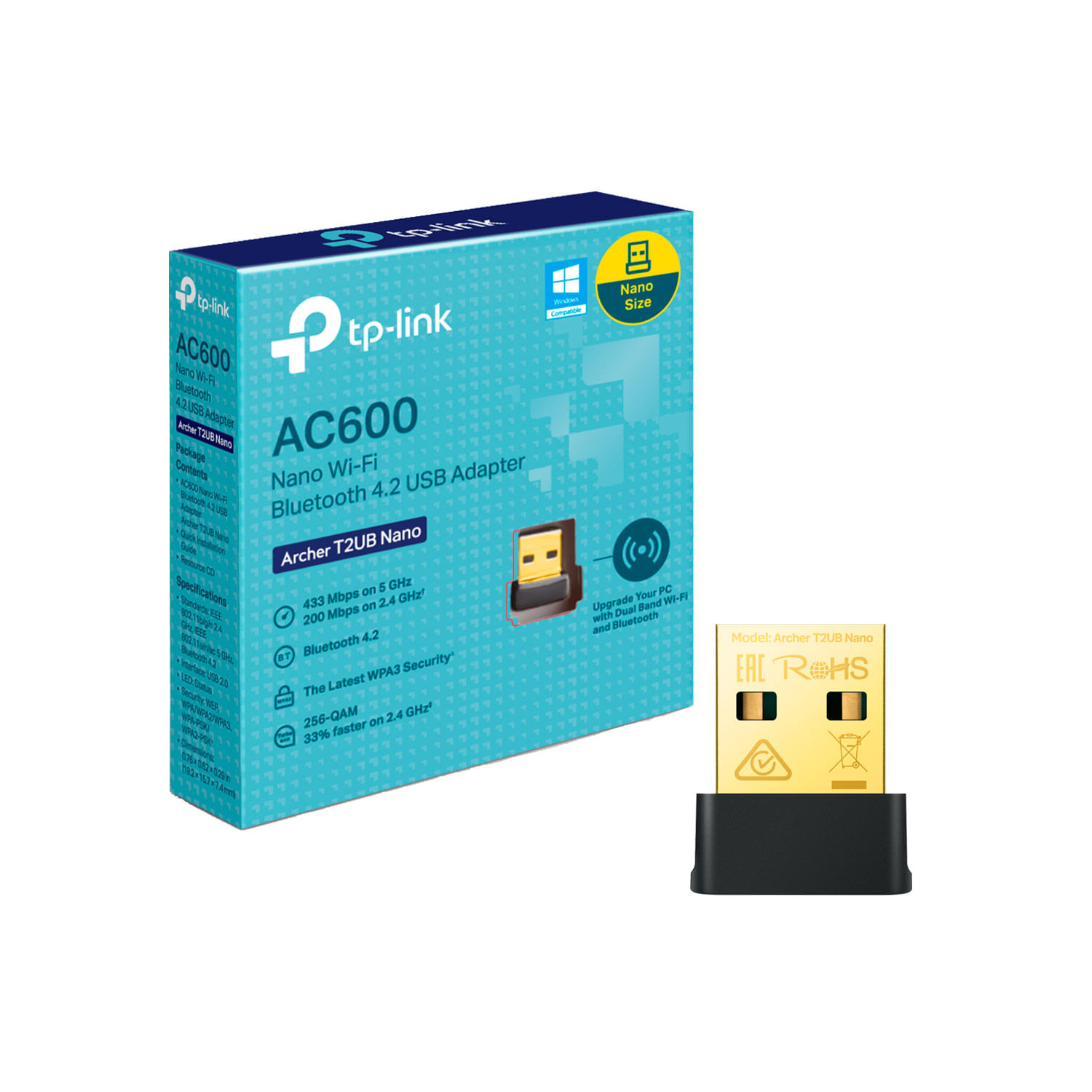 TP-Link Archer T2UB Nano, adaptador USB Wi-Fi 5, AC600, Bluetooth 4.2, diseño compacto, segura conexión
