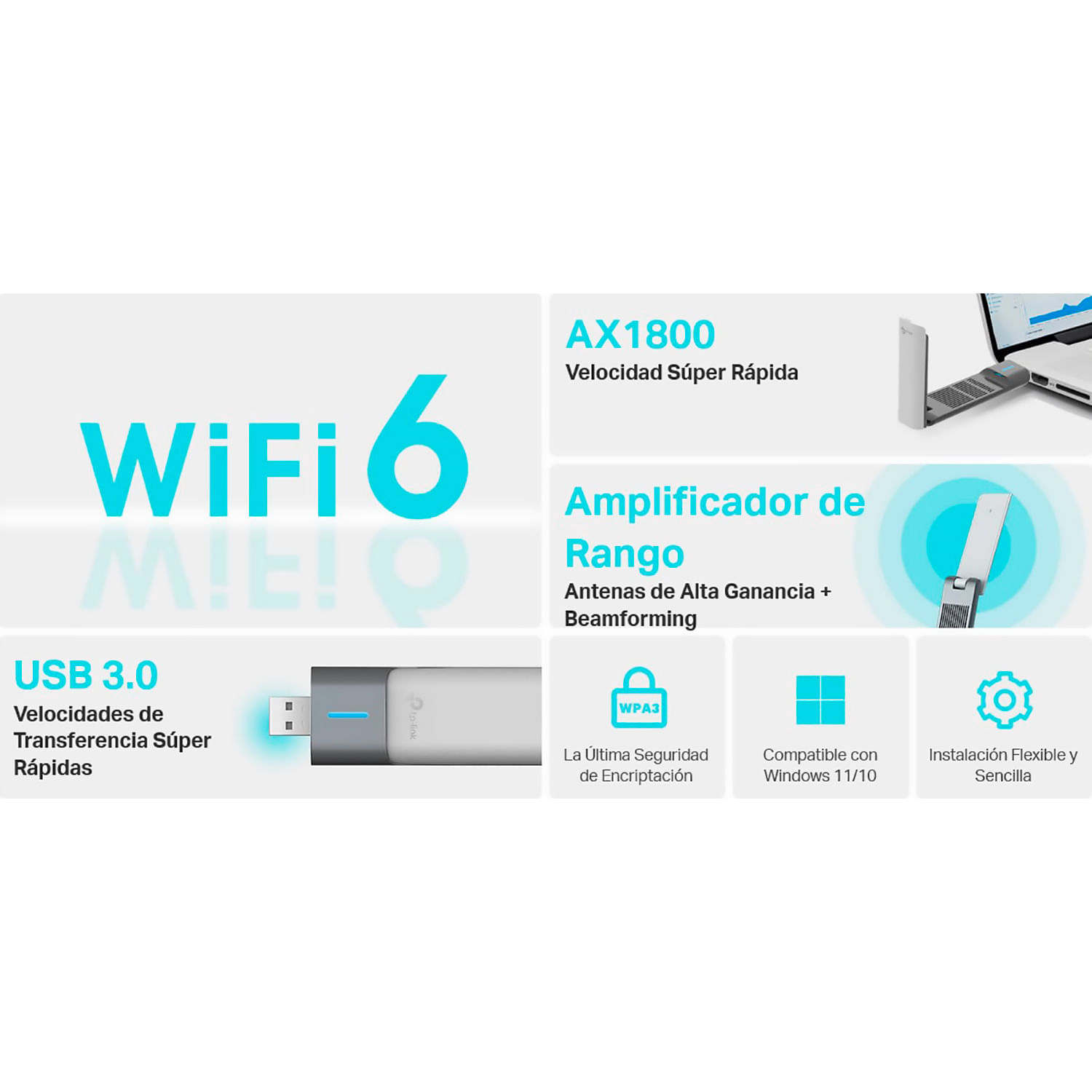 Imagen 2 del producto TP-Link Archer TX20UH Adaptador USB Wi-Fi 6 AX1800 con antenas duales de alta ganancia y puerto USB 3.0