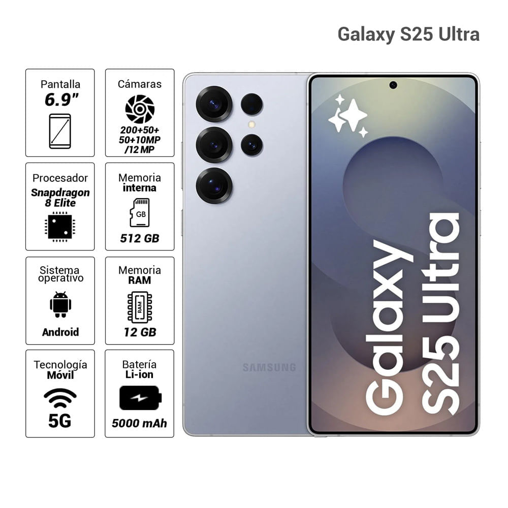 Imagen 2 del producto Celular Samsung Galaxy S25 Ultra 5G 512GB, 12GB RAM, cámara trasera 200MP y frontal 12MP, 6.9'', celeste