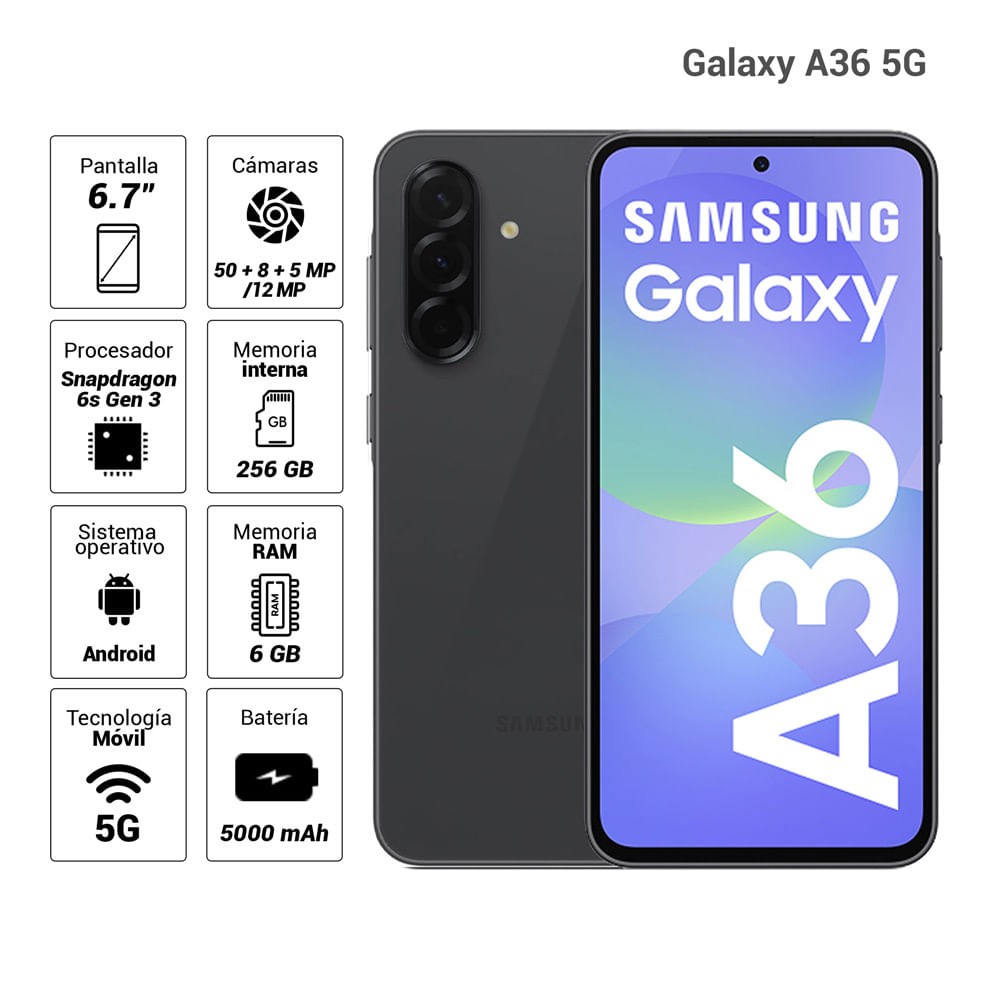 Imagen 2 del producto Celular Samsung Galaxy A36 5G 256GB, 8GB RAM, cámara trasera 50MP y frontal 12MP, 6.7"", negro
