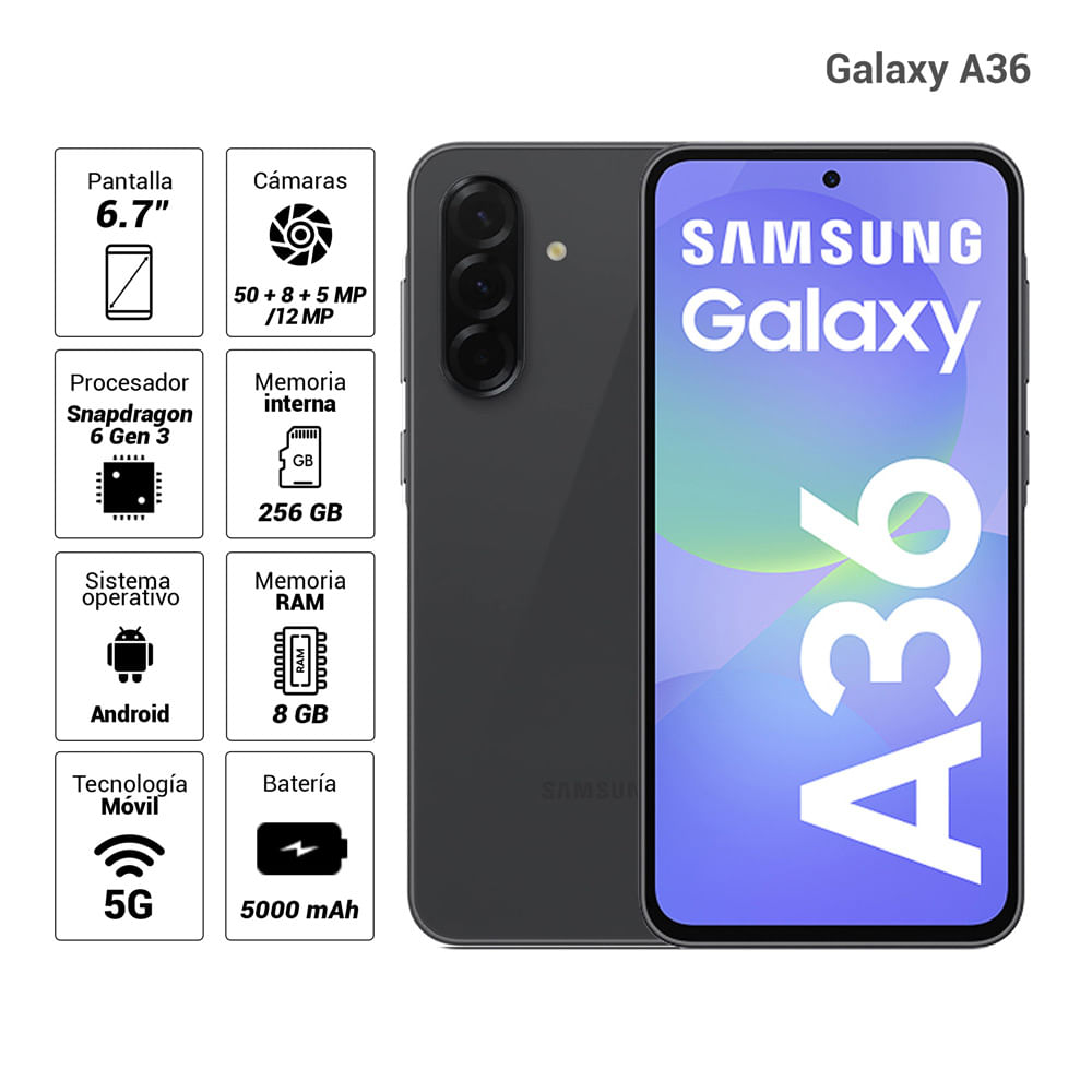 Imagen 2 del producto Celular Samsung Galaxy A36 5G 256GB, 8GB RAM, cámara trasera 50MP y frontal 12MP, 6.7"", negro