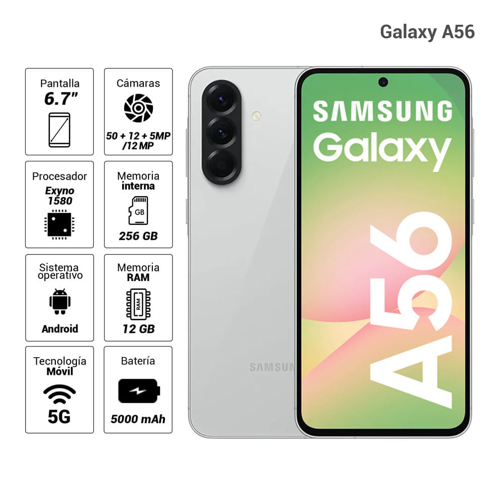 Imagen 2 del producto Celular Samsung Galaxy A56 5G 256GB, 12GB RAM, cámara trasera 50MP y frontal 12MP, 6.7"", lightgray