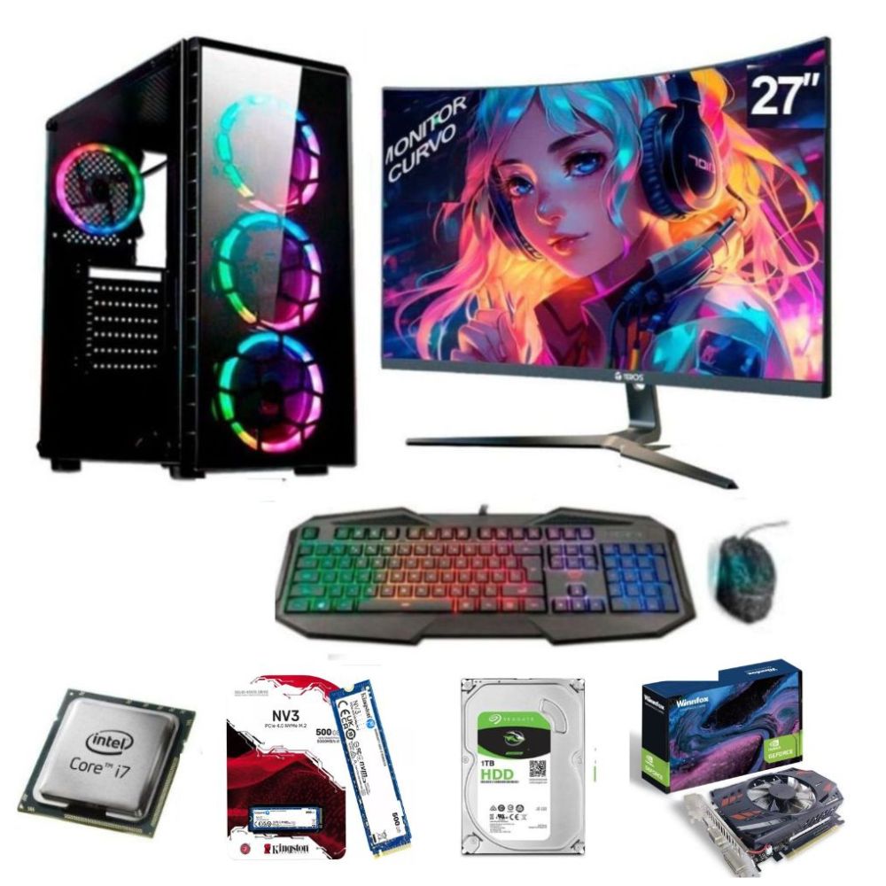 PC Intel Core i7-8TH + 16GB RAM + Disco Duro 1TB + SSD M.2 500GB + NVIDIA GT 750  4GB + FreeDos + Case Gamer 500W RGB + Monitor 27"