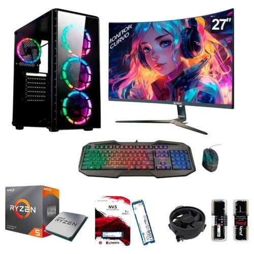 PC Gamer AMD RYZEN 5 5600GT 3.2GHZ + 16GB RAM + Disco Solido M.2  SSD 1TB + FreeDos + Monitor Curvo  27"