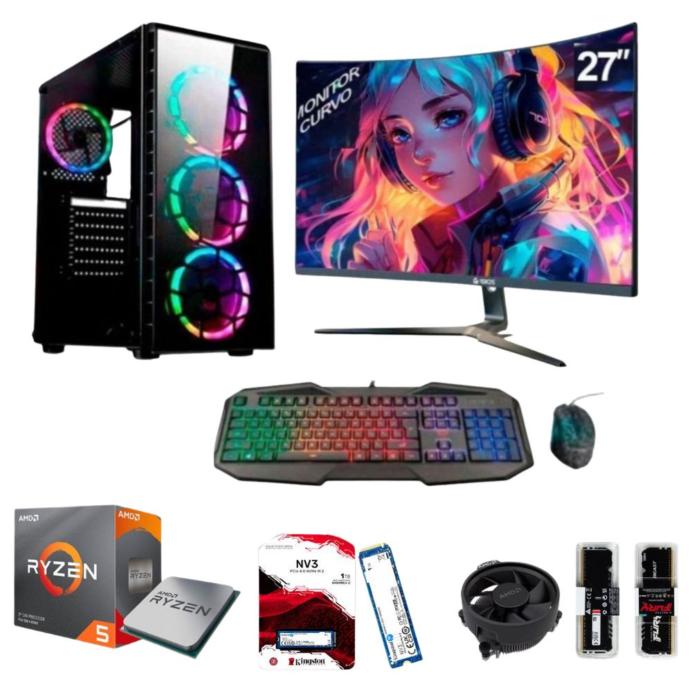 PC Gamer AMD RYZEN 5 5600GT 3.2GHZ + 16GB RAM + Disco Solido M.2  SSD 1TB + FreeDos + Monitor Curvo  27"