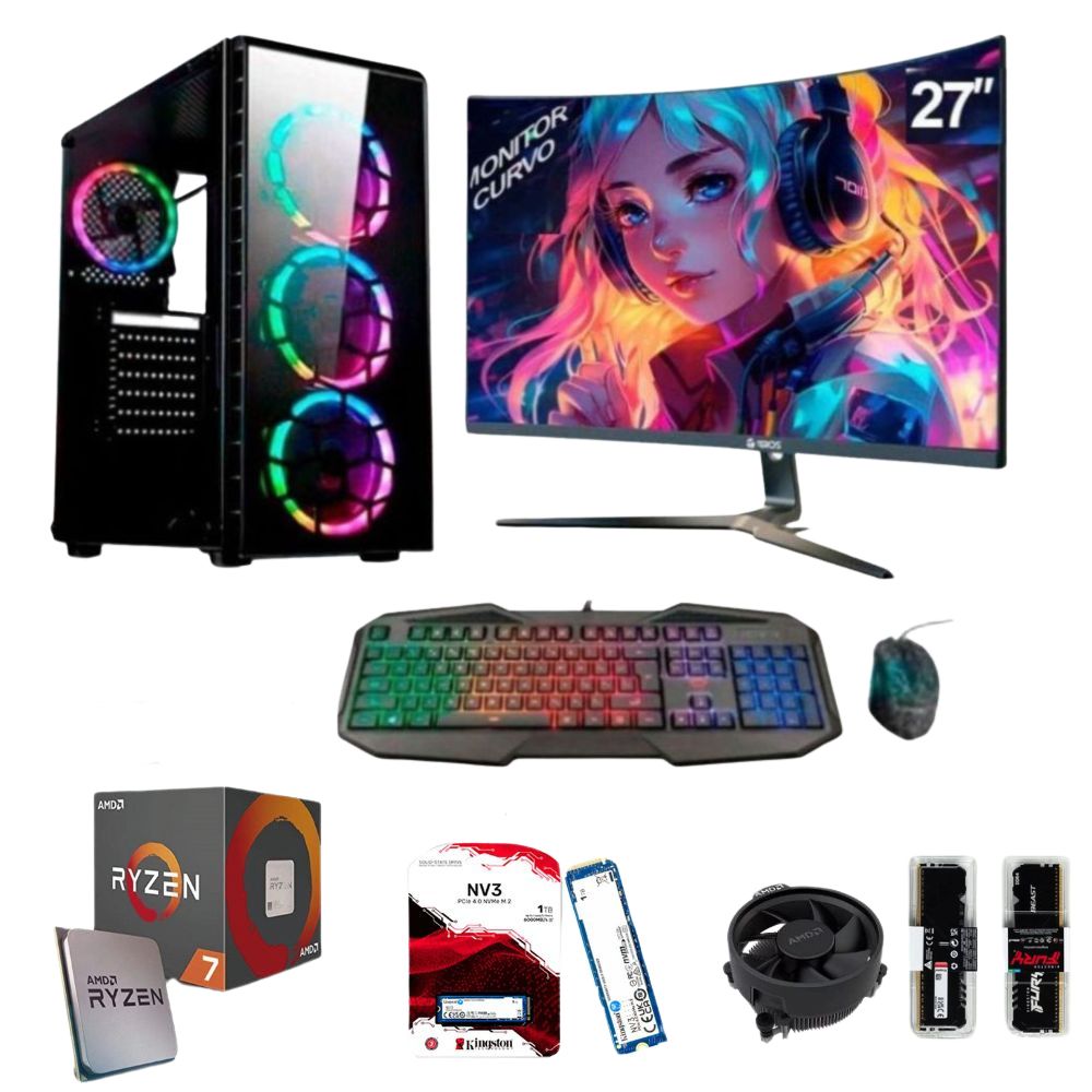 PC Gamer Amd RYZEN 7 5700G + 16GB RAM + Disco Solido SSD M.2  1TB + FreeDos + Monitor Curvo 27"