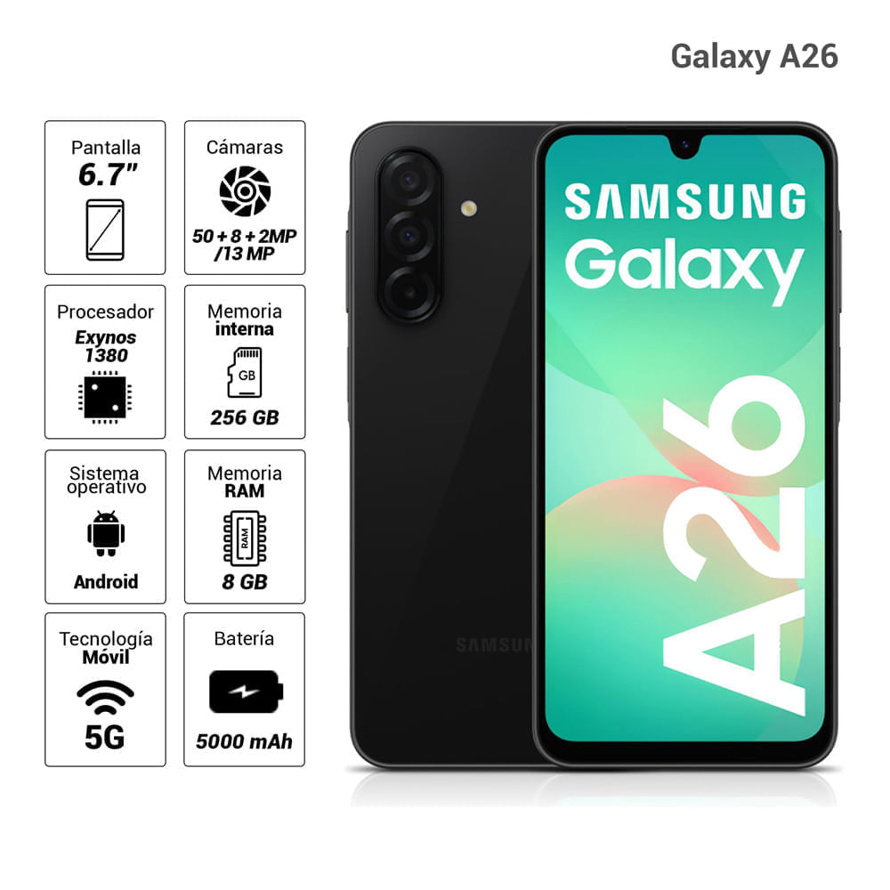 Imagen 2 del producto Celular Samsung Galaxy A26 5G 256GB, 8GB RAM, cámara trasera 50MP y frontal 13MP, 6.7"", negro