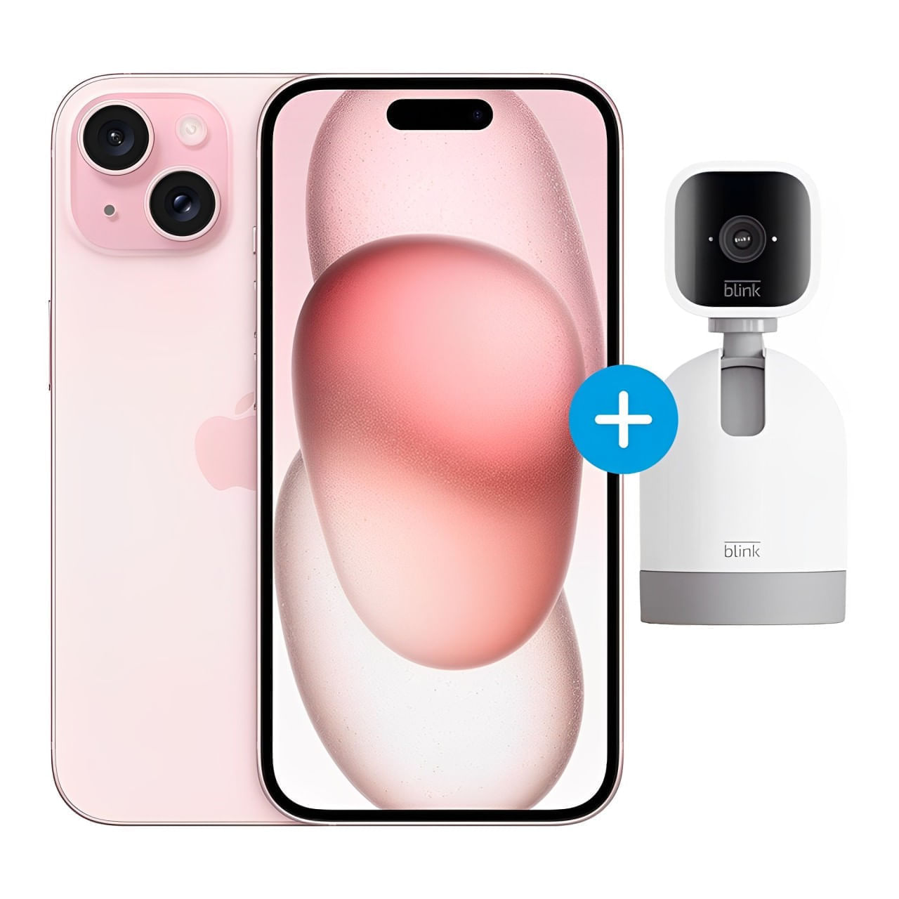 iPhone 15 CCHiP 4G 128GB, 6GB RAM, cámara trasera 48MP y frontal 12MP, 6.1", rosado + cámara de seguridad