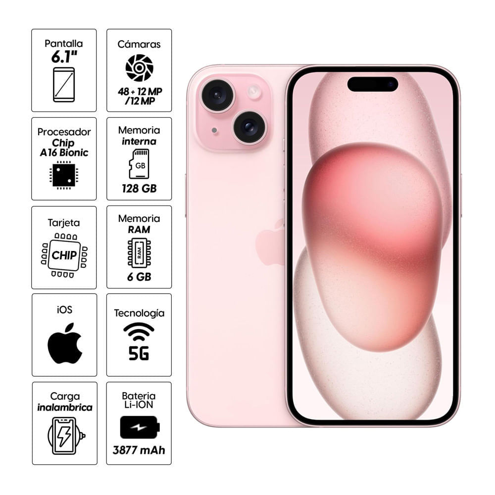 Imagen 2 del producto iPhone 15 CCHiP 4G 128GB, 6GB RAM, cámara trasera 48MP y frontal 12MP, 6.1"", rosado + cámara de seguridad