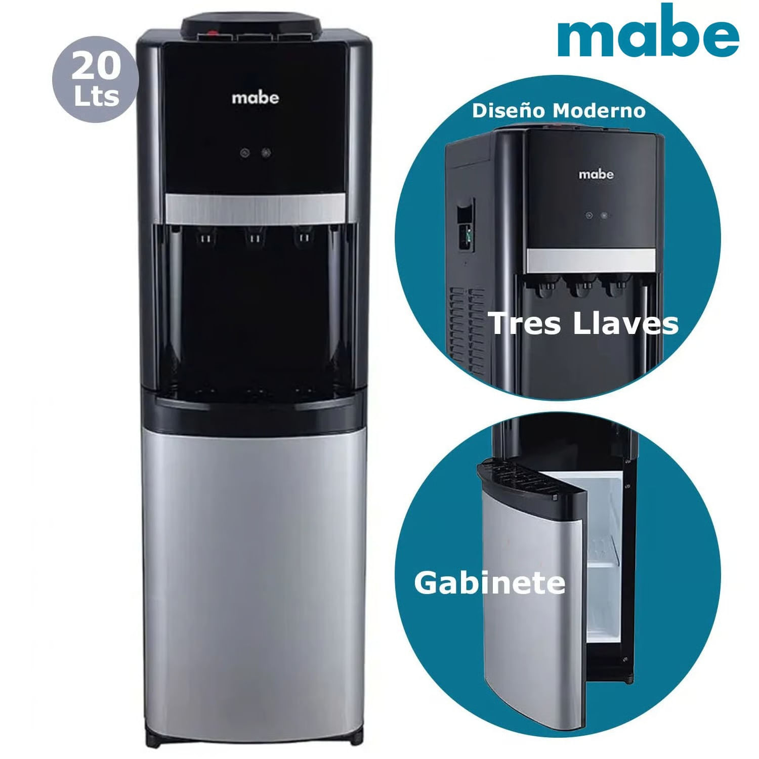 Imagen 2 del producto Dispensador de agua Mabe MXCF05PFS, 20 litros, 3 llaves, agua fría/caliente, pedestal, negro
