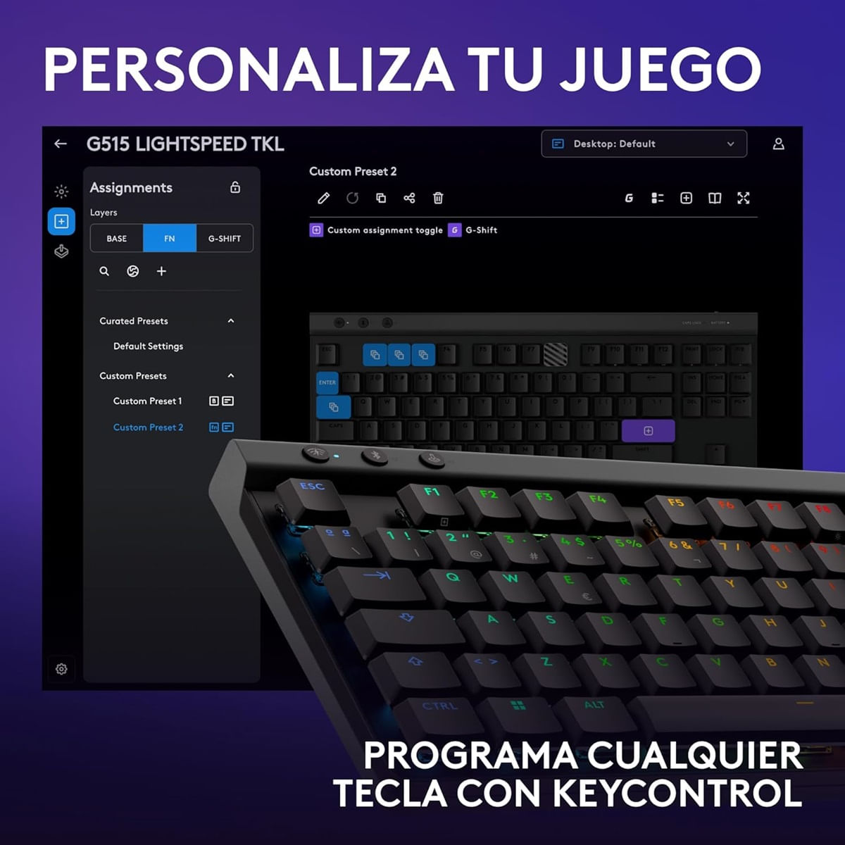 Imagen 2 del producto Teclado gamer inalámbrico Logitech G515 Lightspeed TKL, bluetooth, mecánico, RGB, tactile switch, negro