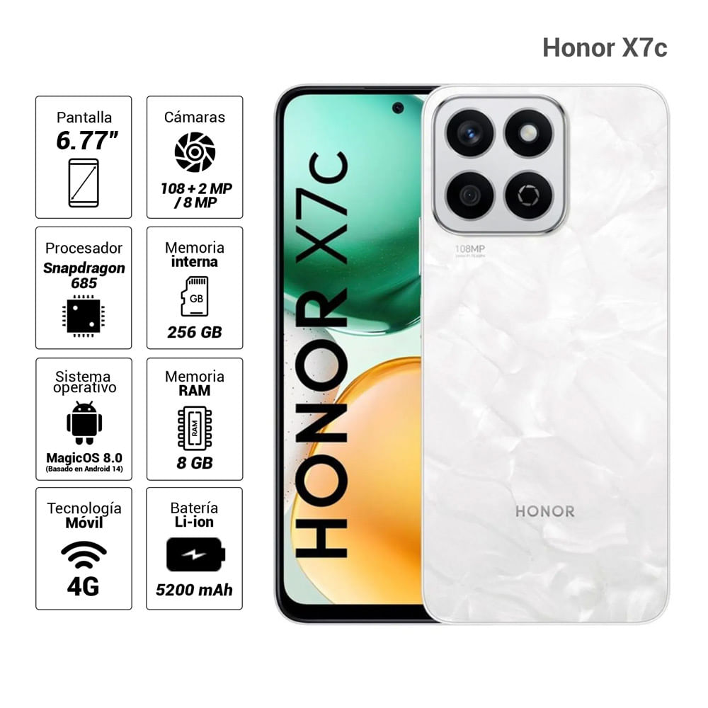 Imagen 2 del producto Celular Honor X7c 4G, 256GB, 8GB RAM, cámara trasera 108MP y frontal 8MP, 6.77"", blanco