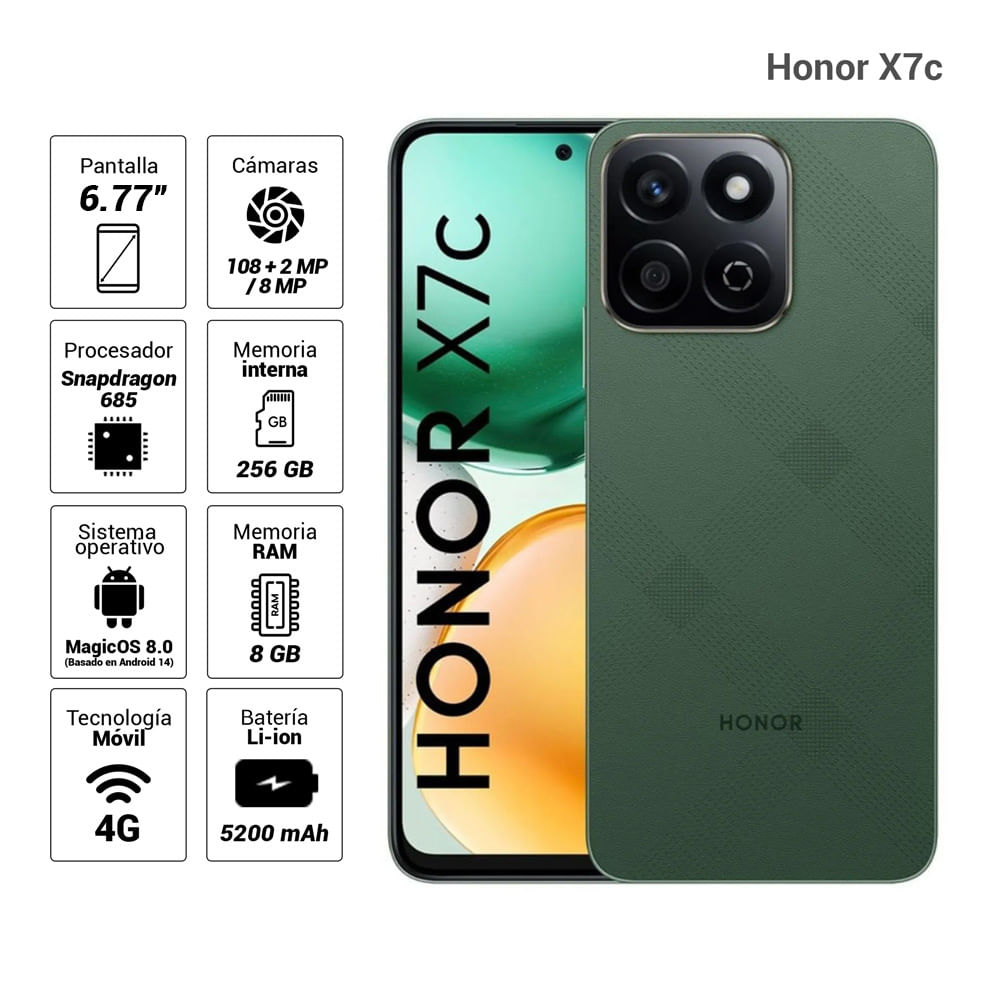 Imagen 2 del producto Celular Honor X7c 4G, 256GB, 8GB RAM, cámara trasera 108MP y frontal 8MP, 6.77"", verde