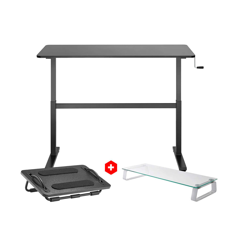 Combo: Escritorio Brateck, elevación de altura manual negro + Rack soporte para monitor Brateck, vidrio templado + Reposapiés Brateck ergonómico negro